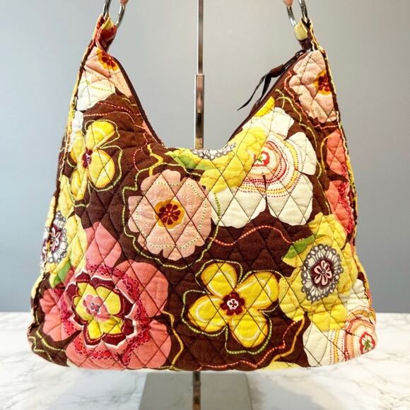 Vera Bradley Floral Quilted Shoulder Hobo Boho Hippie Brown Pink Women's Handbag - Picture 2 of 11